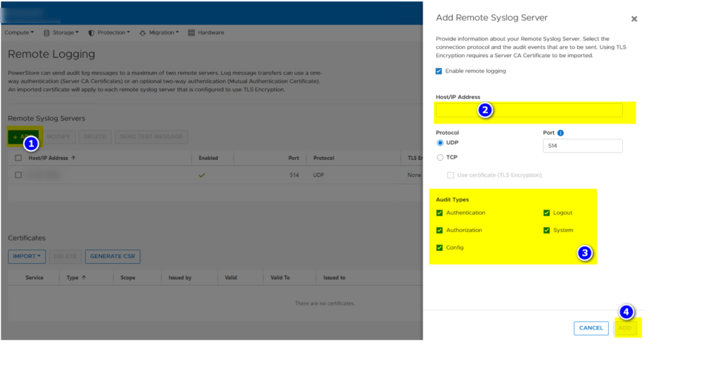 Add Remote Syslog server to Dell PowerStore