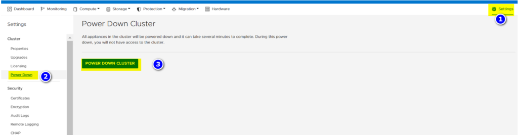 how to power down powerstore cluster