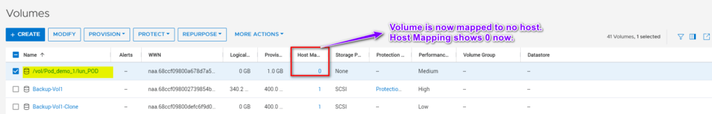 Unmap volume from host in PowerStore