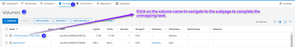 Unmap volume from host in PowerStore