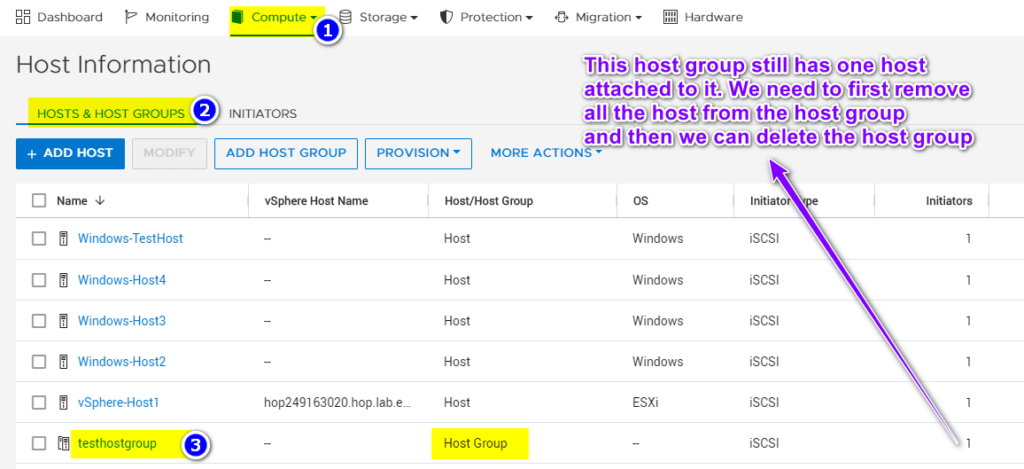 remove a host from the host group on powerstore