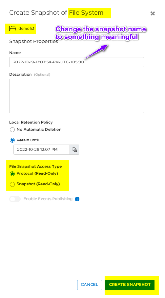 Create A Snapshot Of A File System on Dell PowerStore