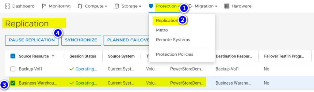 Pause Replication Session in PowerStore using the PowerStore Manager